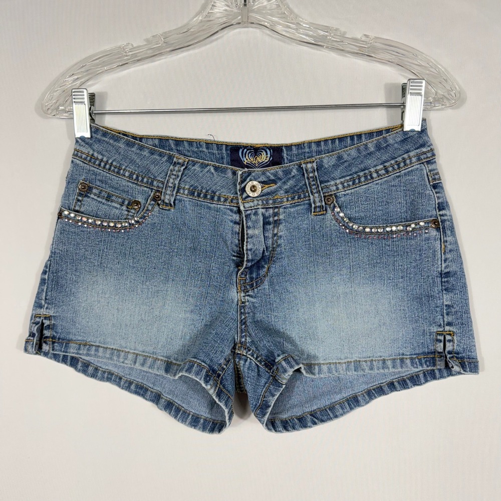 Vtg Angels Low Rise Micro Mini Denim Shorts 7 Rhinestone Embroidered Y2K Mcbling